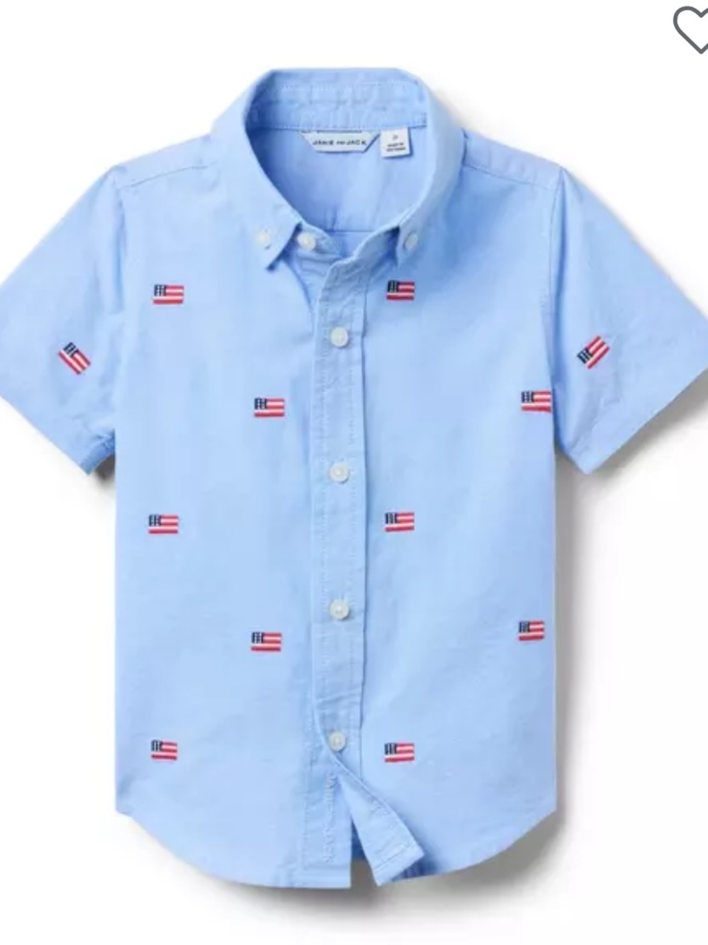 Janie and Jack Light Blue Short-Sleeve Embroidered Flag Oxford Shirt
